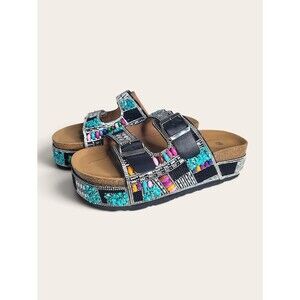 Beaded Turquoise Multi-Accent Platform Sandals - Women Size 9